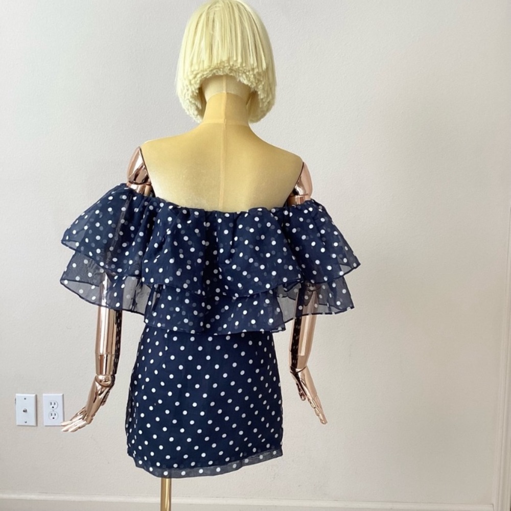 Choosy Off The Shoulder Blue/ White Polka Dot Mini Dress. - Picture 3 of 7